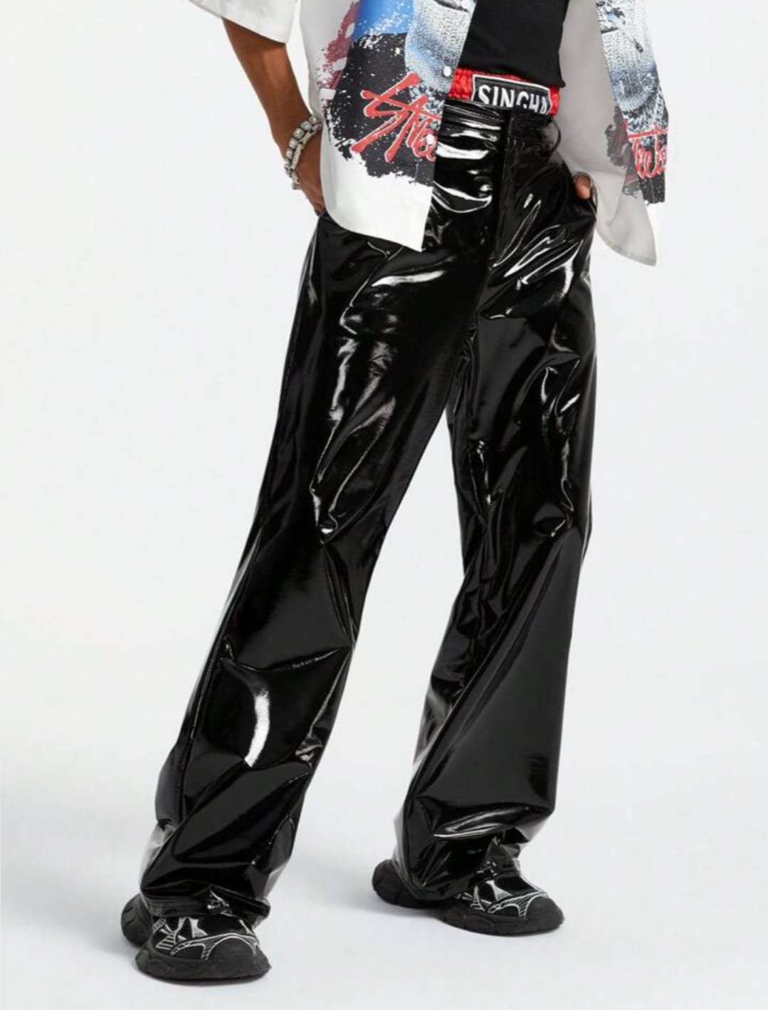 Men's Black Patent Leather Wide-Leg Pants – Glossy Streetwear Statement Trousers